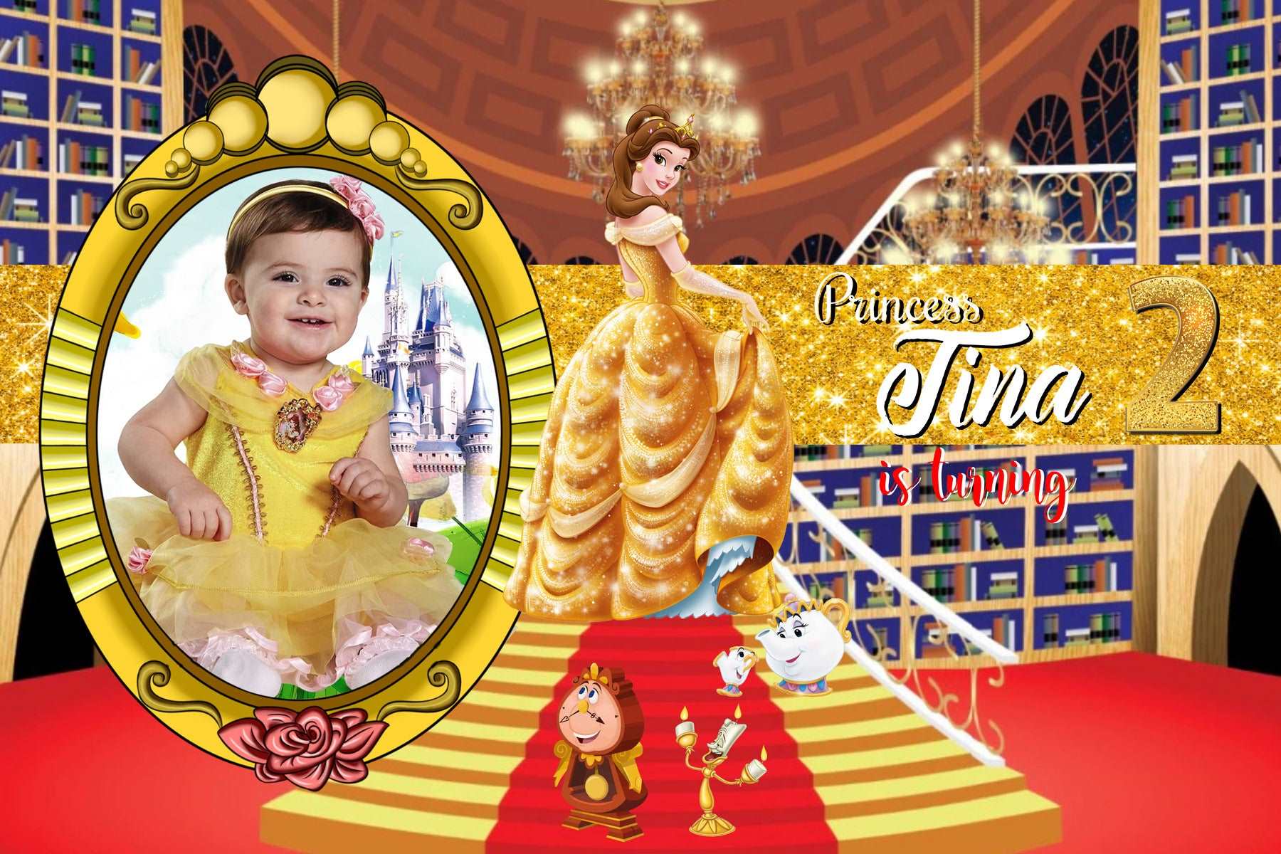 Custom Beauty and the Beast Princess Style Birthday Banner - Personalized with Name and Age - Yalla Printing