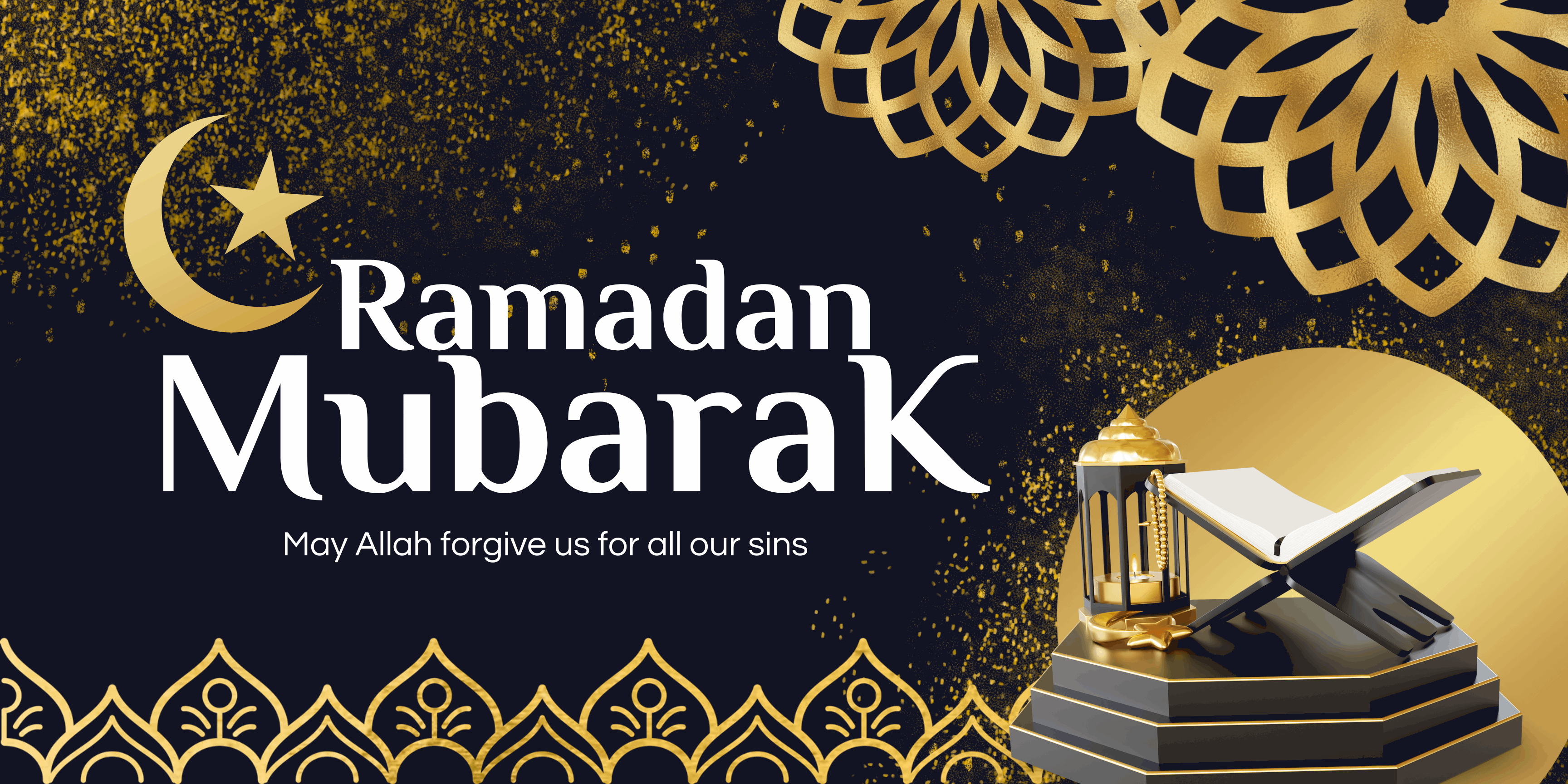 Black Gold White Elegant Grunge Ramadan Mubarak Banner Landscape - Yalla Printing