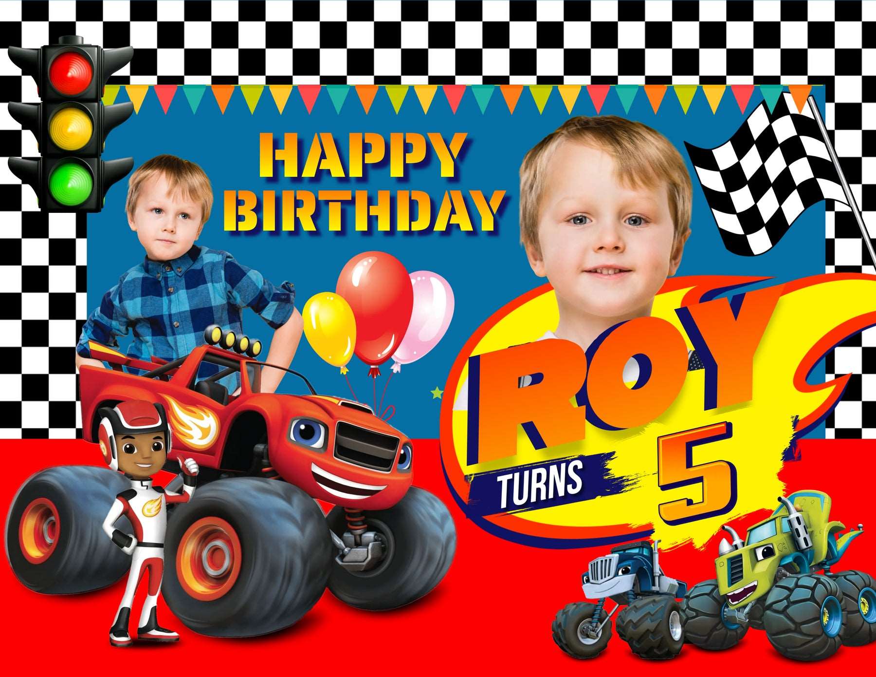 Blaze Cars Theme Boys Birthday Banner - Personalized Party Decor - Yalla Printing