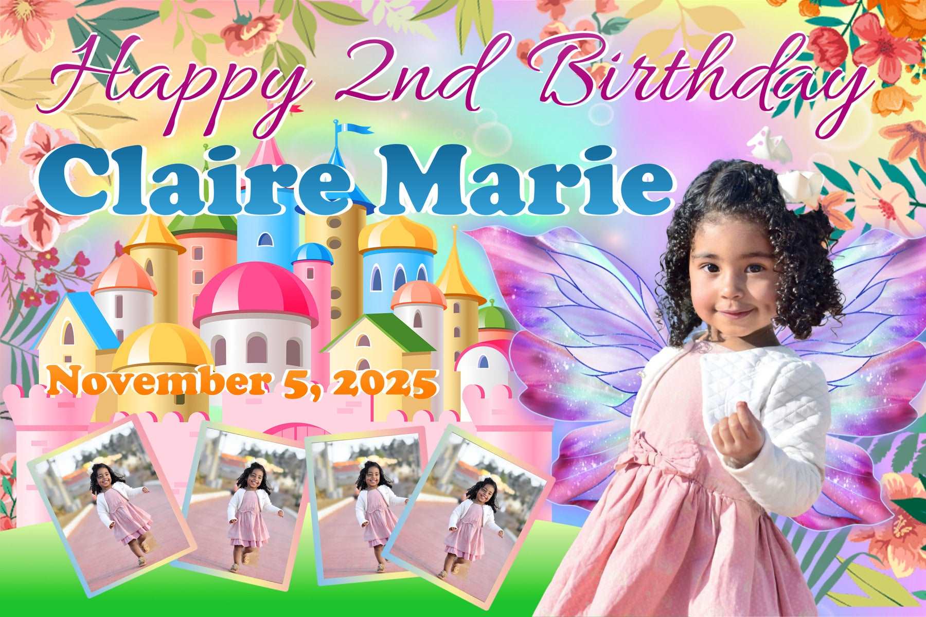 Butterfly and Castle Theme Birthday Banner - Personalized Party Decor - Yalla Printing