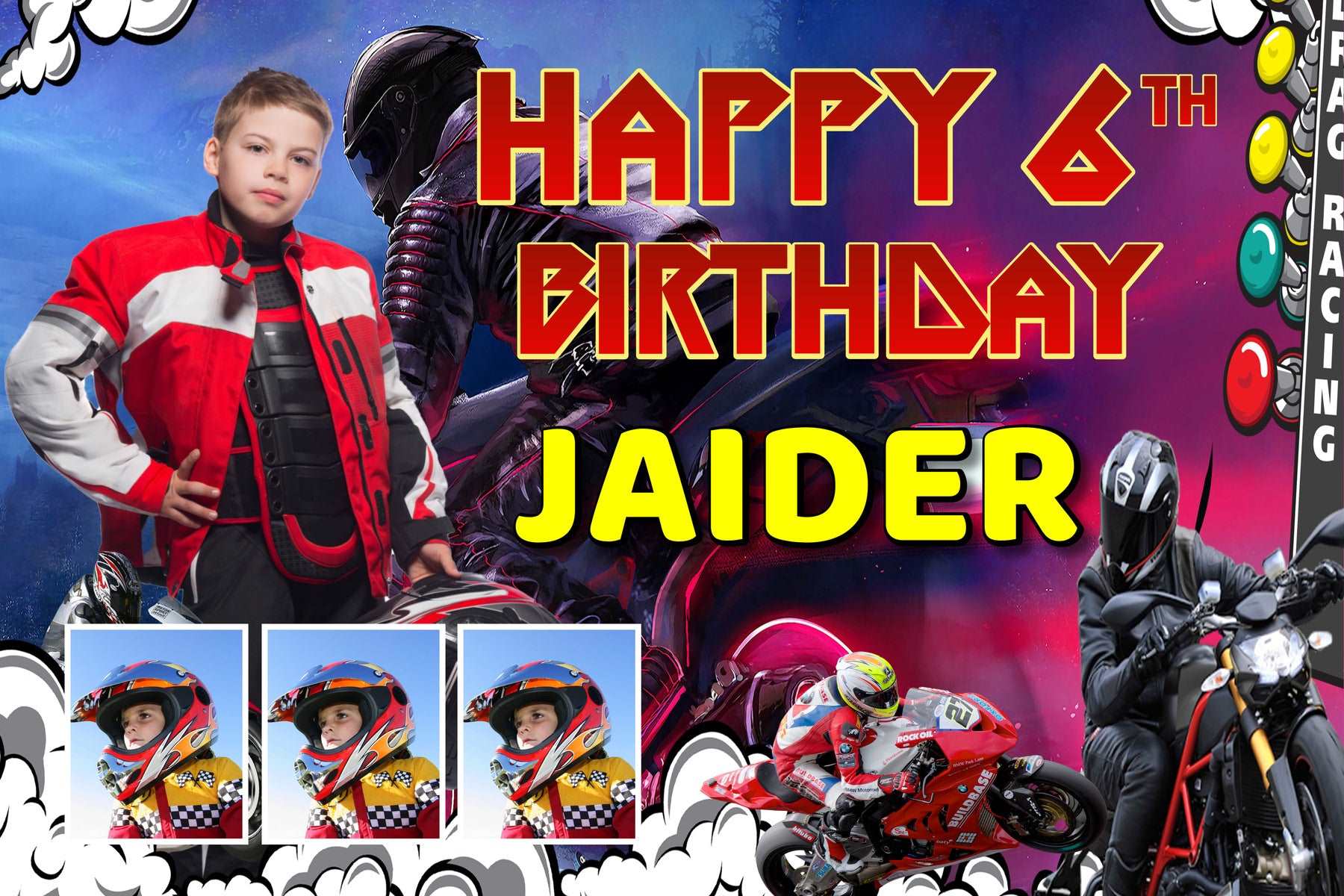 Biker Theme Bike Racing Birthday Banner - Personalized Party Decor - Yalla Printing