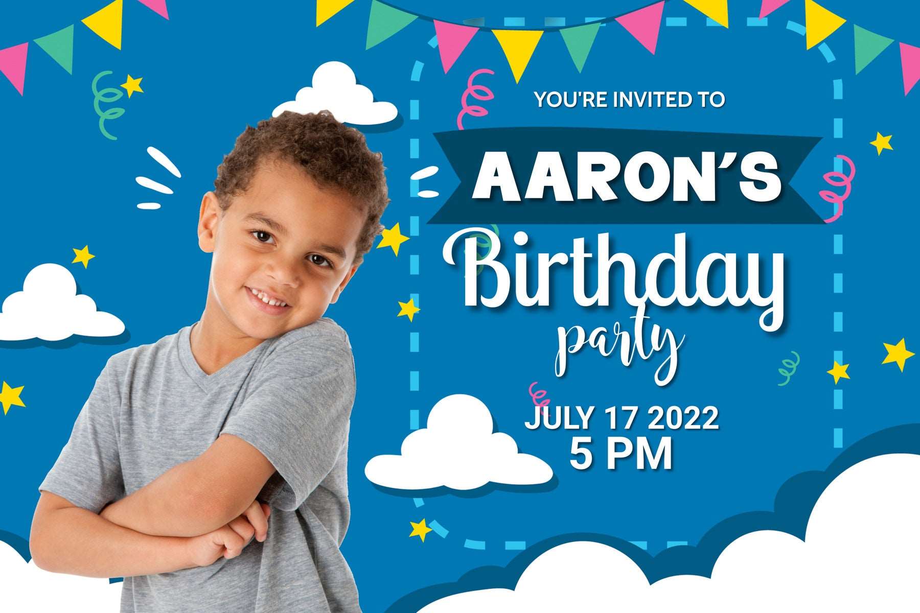 Blue Background Clouds Birthday Banner - Personalized Party Decor - Yalla Printing