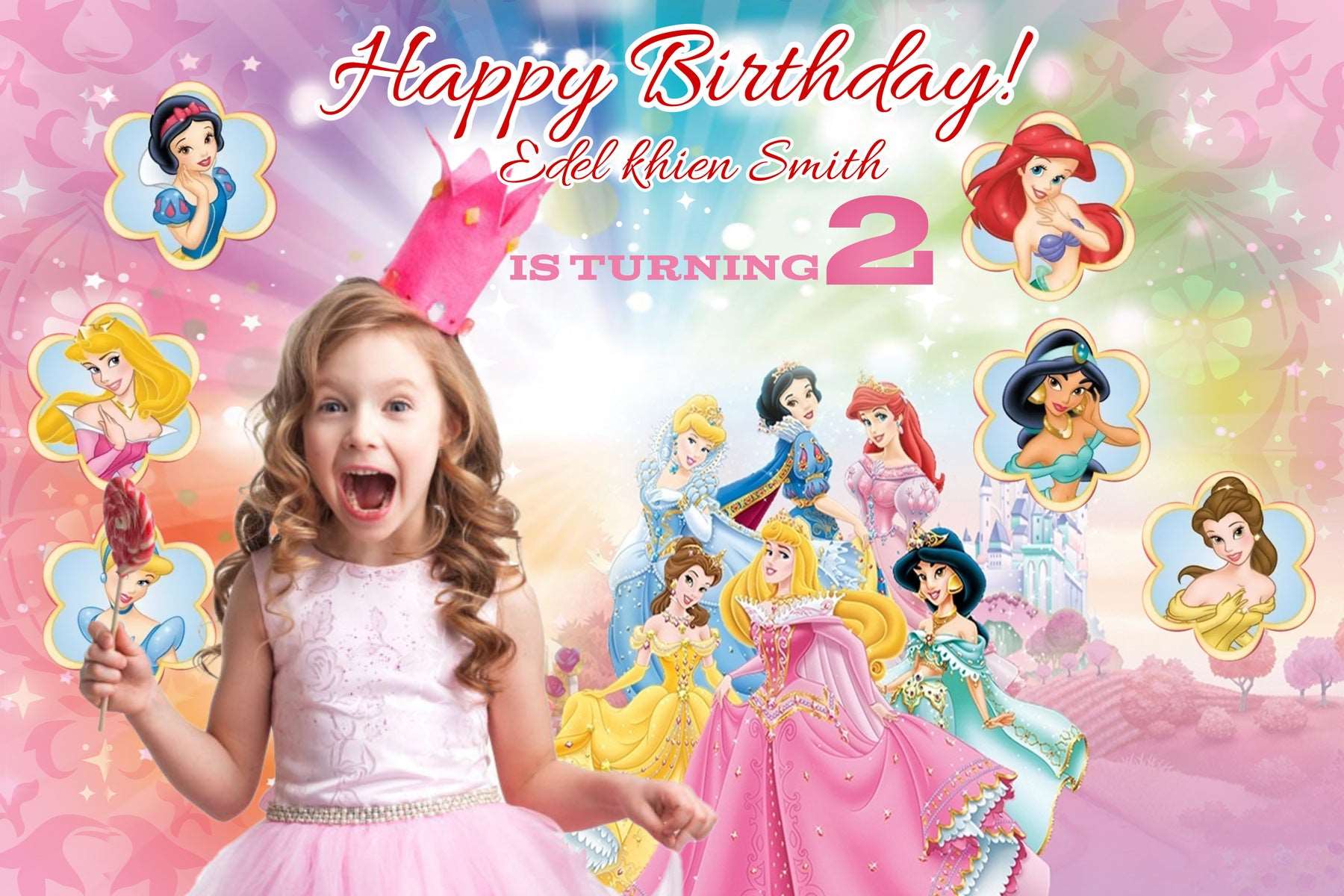 Disney Princess Theme Birthday Banner - Personalized with Name and Age - Yalla Printing