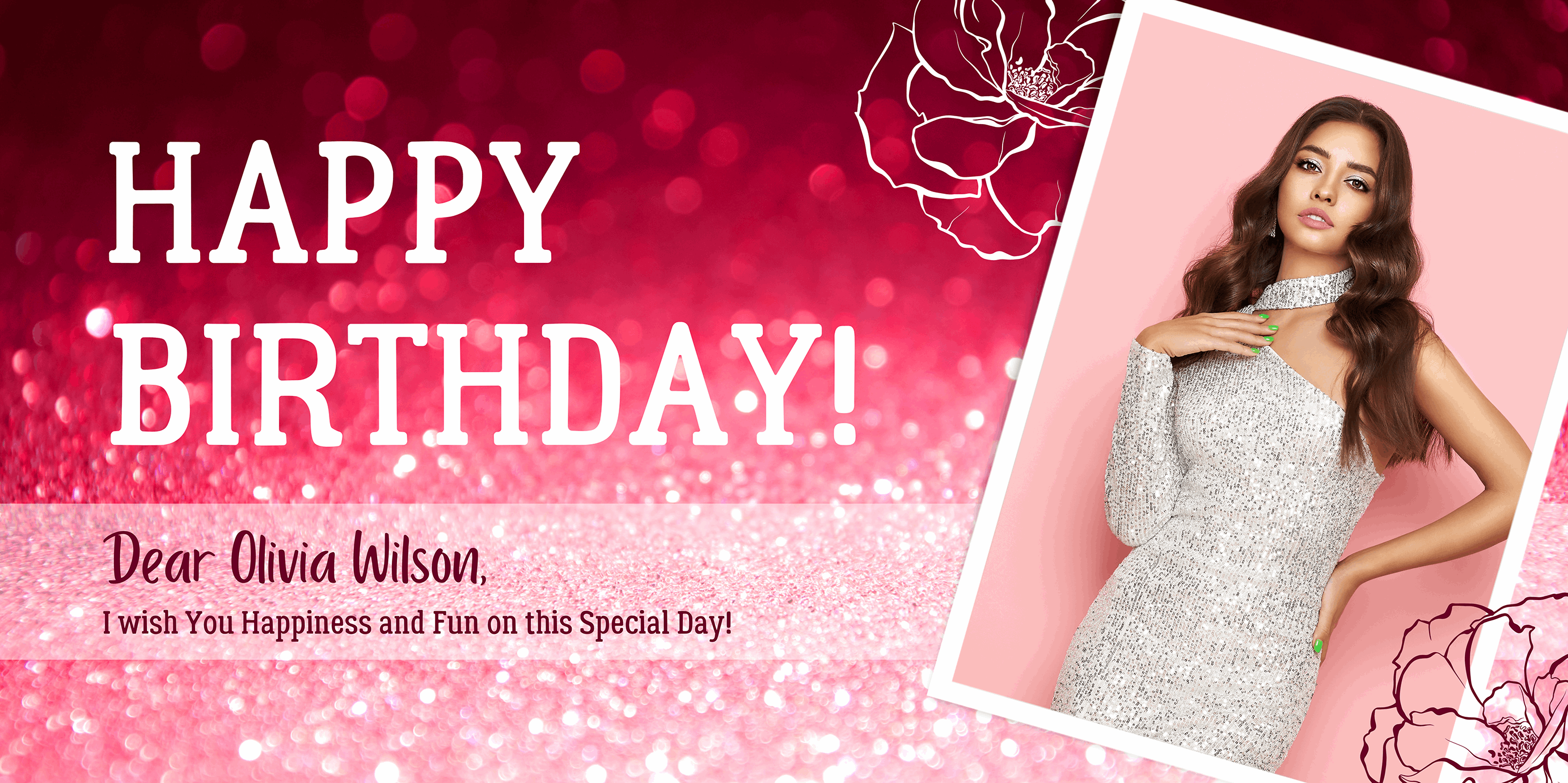 Red and Pink Festive Feminine Glitter Background Happy Birthday Banner - Yalla Printing