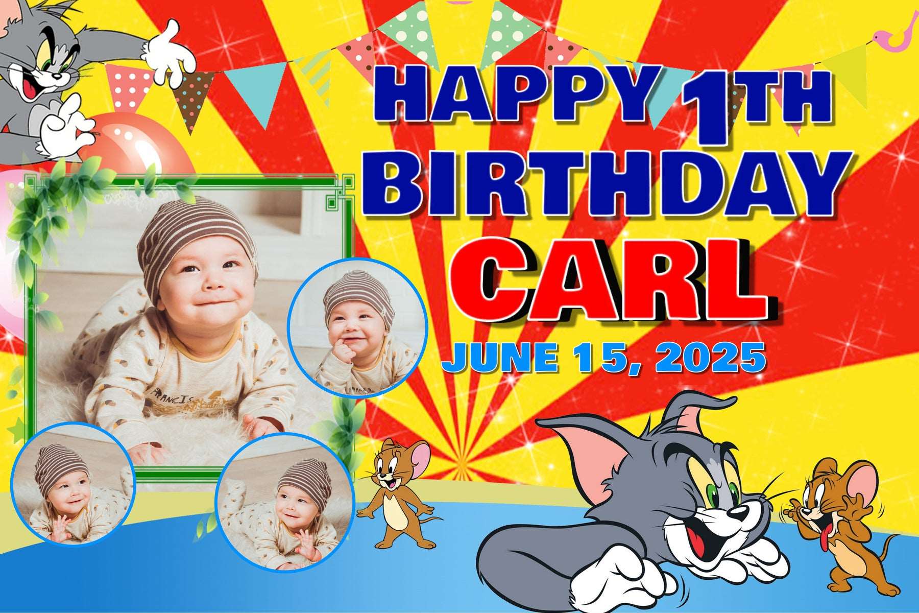 Tom and Jerry Theme 40x150 cm PVC Flex Banner - Personalized with Name & Photo - Yalla Printing